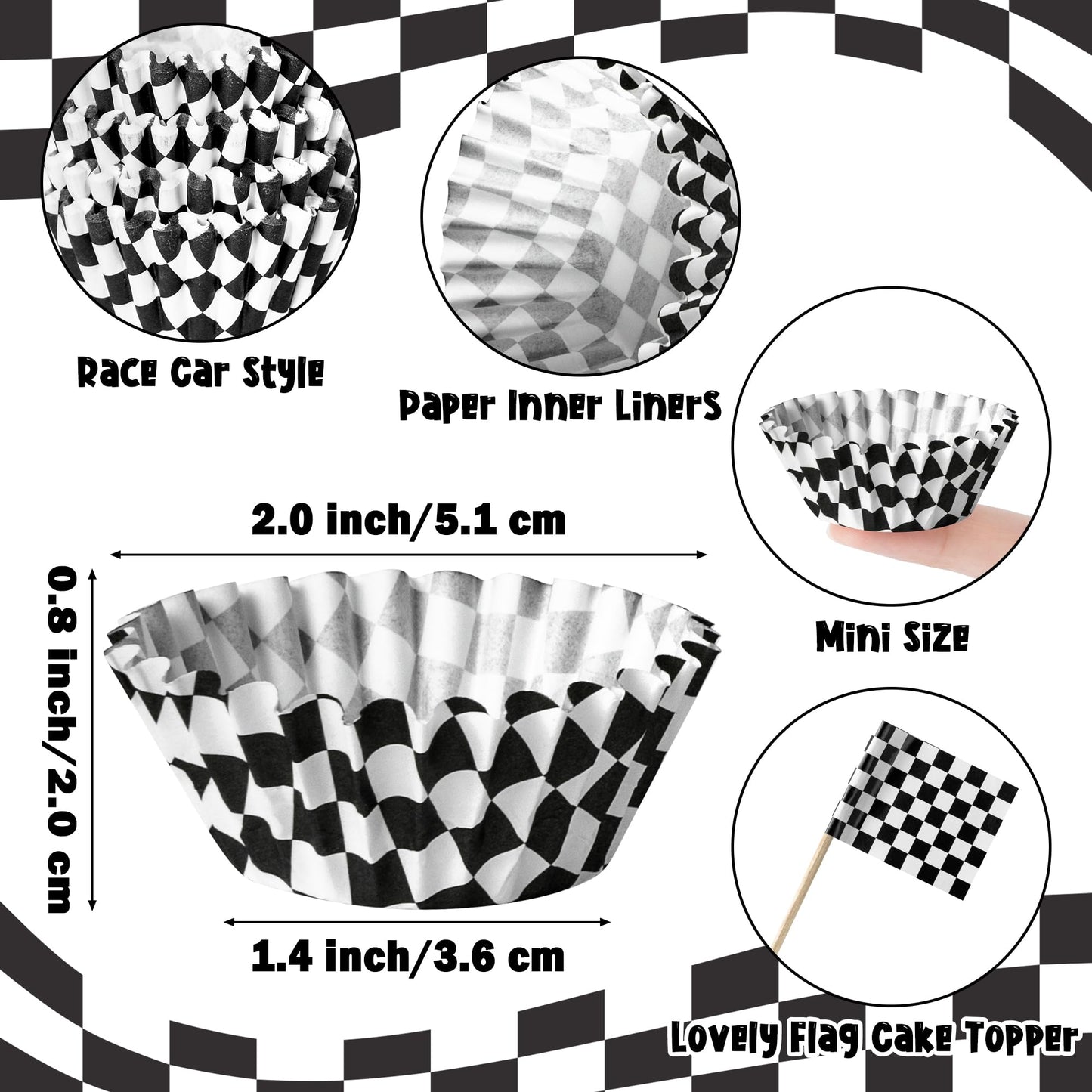 COcnny Checkered Mini Cupcake Liner - 200pcs Race Car Muffin Cake Baking Cups with 200pcs Flag Cupcake Toppers, Black and White Racing Cars Candy Wrap Making Supplies for Birthday Party Decorations