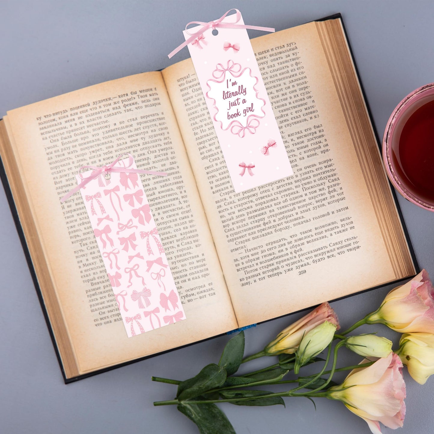 COcnny Pink Bow Bookmarks for Women - Bow Bookmark Bulk for Reading Lovers Gift, Cute Cheery Double Sided Book Mark with Ribbon for Teacher Student Classroom Library Supplies (120pcs)