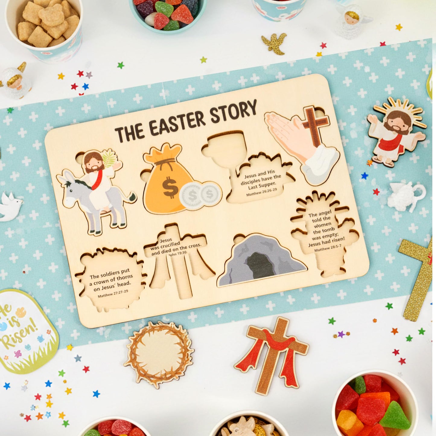 COcnny Easter Story Wooden Puzzle - 8pcs Jesus Resurrection Story Special Shaped 2D Wood Jigsaw Puzzle Set, Religious Gift for Sunday School Classroom Game Supplies Home Easter Basket Fillers