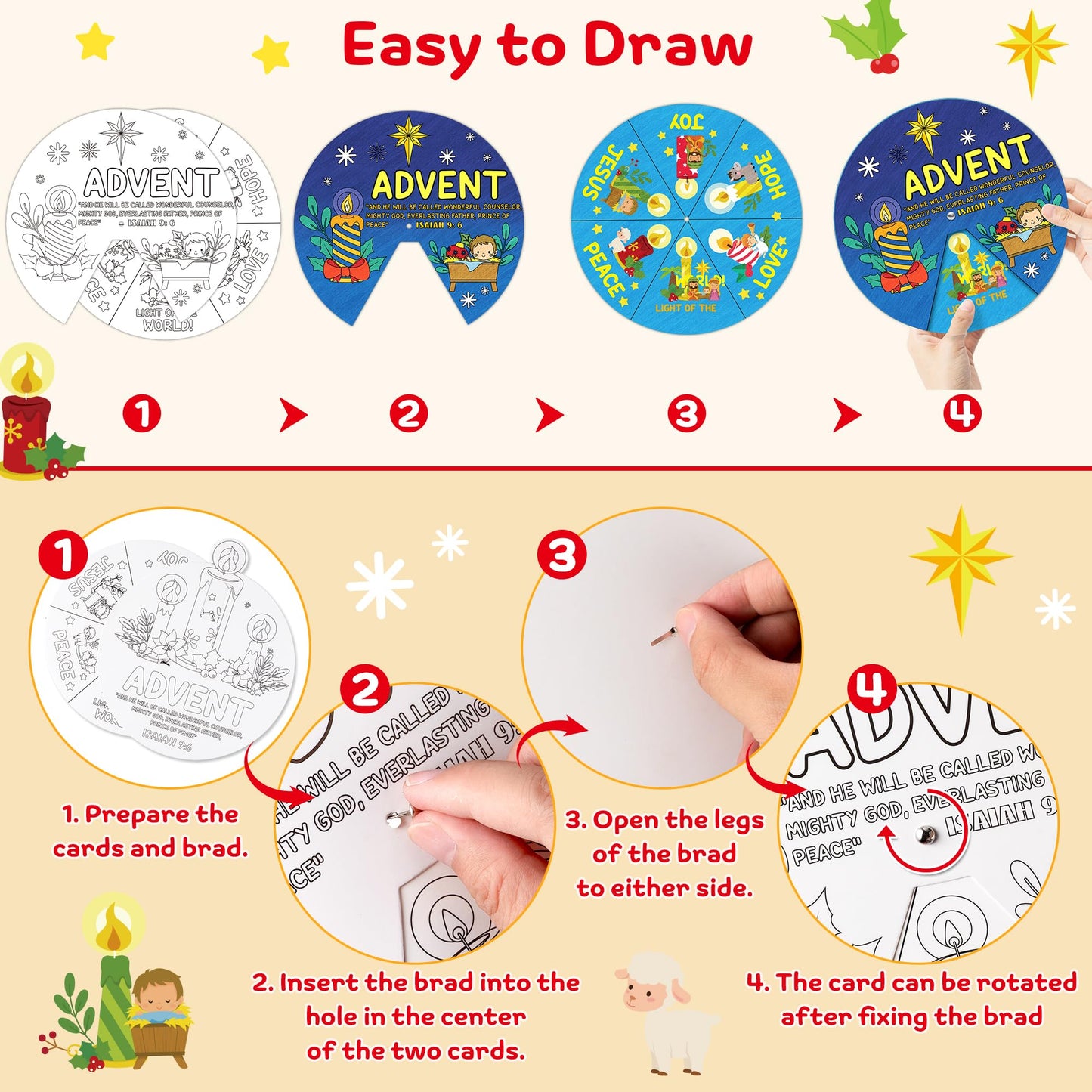 COcnny Christmas Coloring Craft - 24 Sets DIY Color Your Own Religious Christian Art Craft Wheel Cards, Xmas Advent Jesus Paper Kit for Church Sunday School Home Class Bible VBS Activities