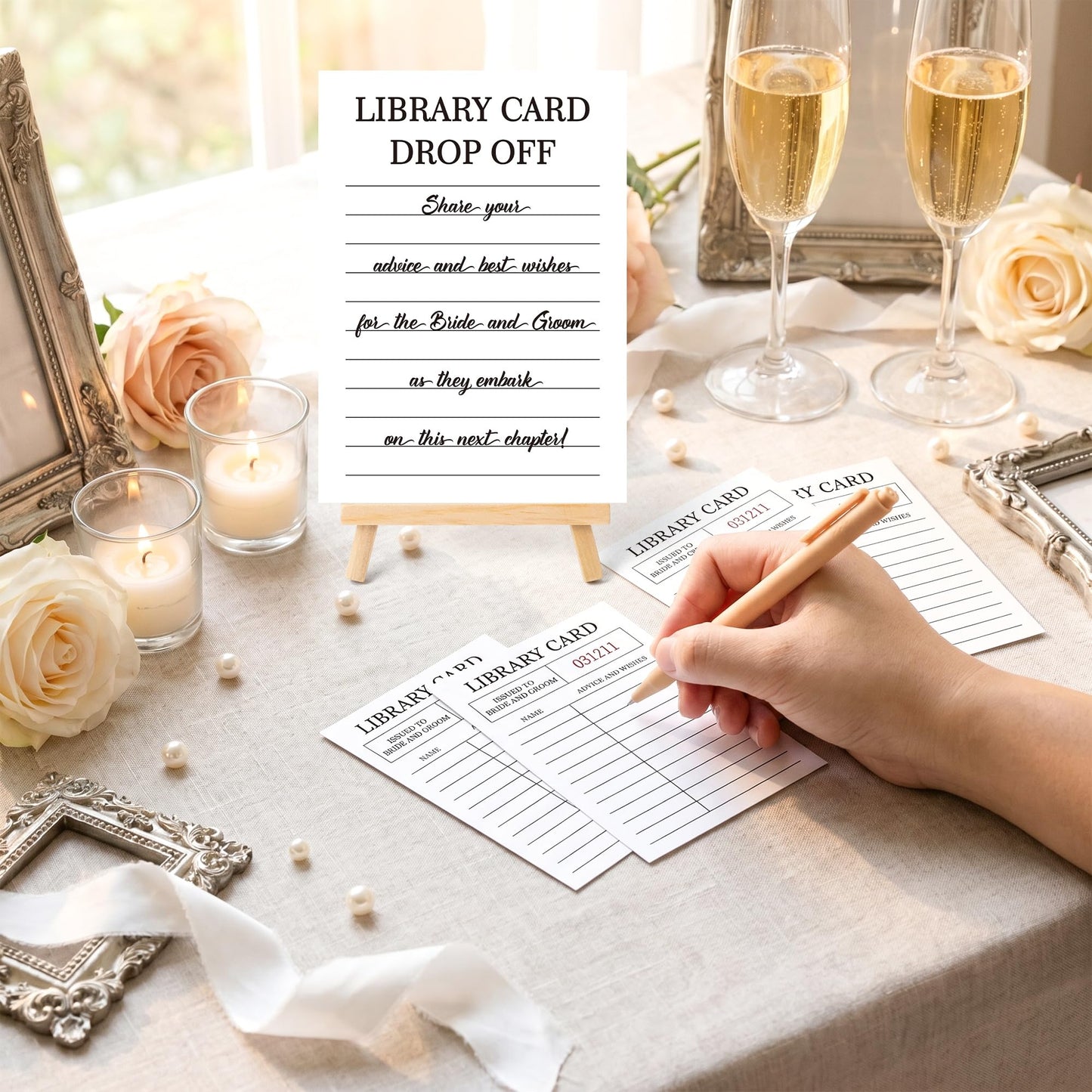 COcnny Wedding Advice and Wishes Cards - 52pcs Library Cards with Display Stand, Guest Book Alternative for Bride Groom, Mr and Mrs, Wedding Congratulations, Bridal Shower, Engagement Party