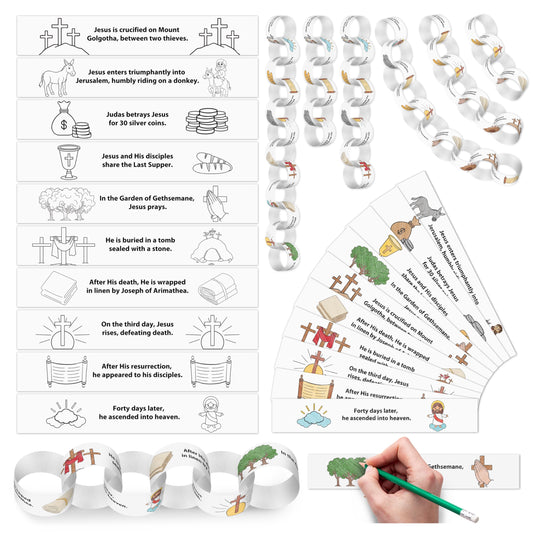 COcnny Easter Coloring Paper Craft - 200pcs DIY Religious Story Paper Chain Kit, Color Your Own Strips to Make Garland Decoration, Creative Art Fun Activity for Classroom Home Spring Decor (10 Styles)