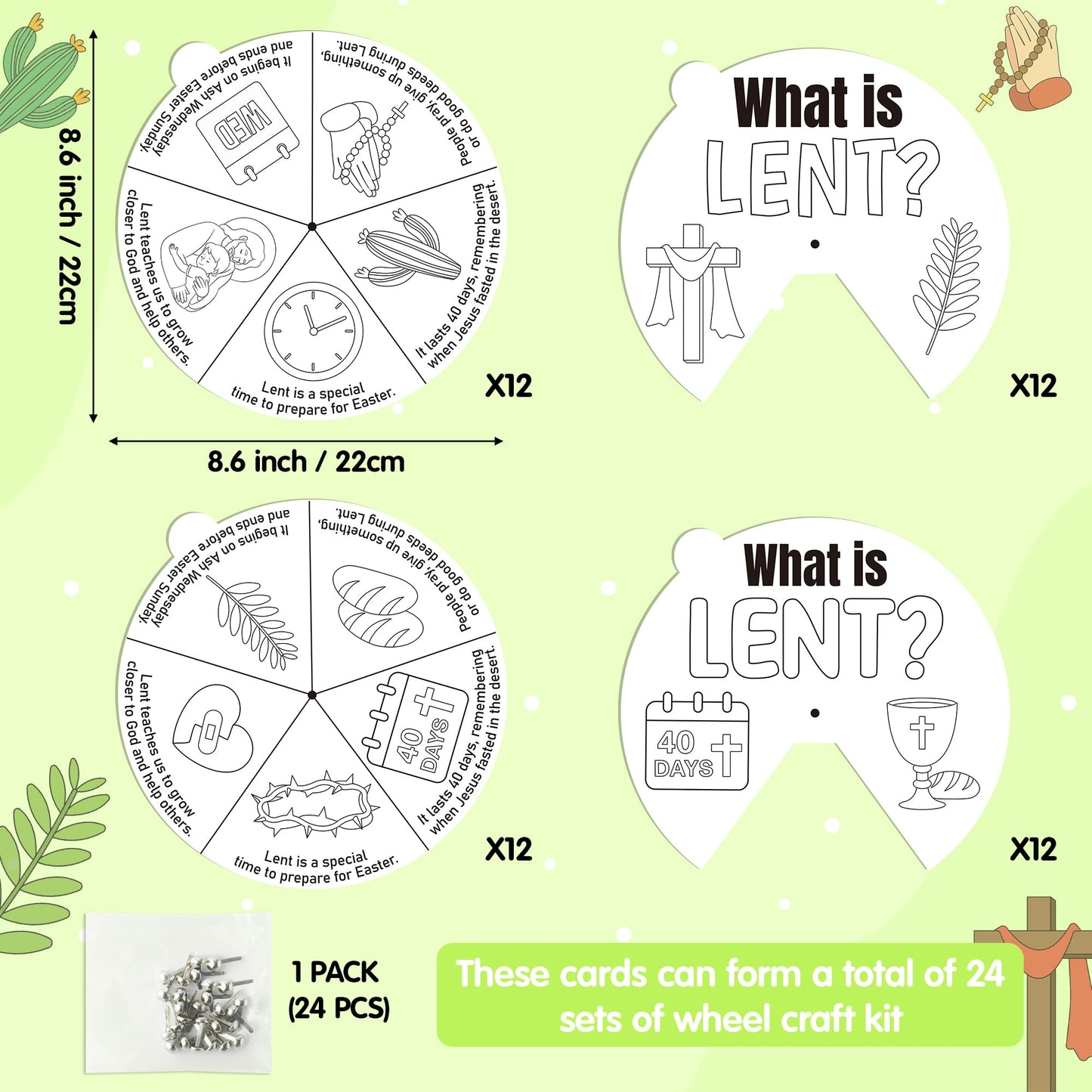 COcnny Lent Coloring Craft Kit - 24 Sets DIY Color Your Own Religious Christian Art Craft Wheel Cards, What is Lent Paper for Church Fasting Sunday School Home Class Bible VBS Activities