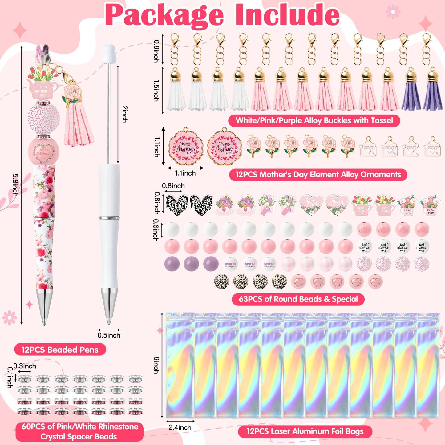 COcnny Mothers Day Beadable Pens - 12 Set Floral DIY Ballpoint Pen Making Kit with Bead Craft, Mother’s Day Party Flower Beaded Pen Bulk Charm Tassel Supplies for Women School Students Gift