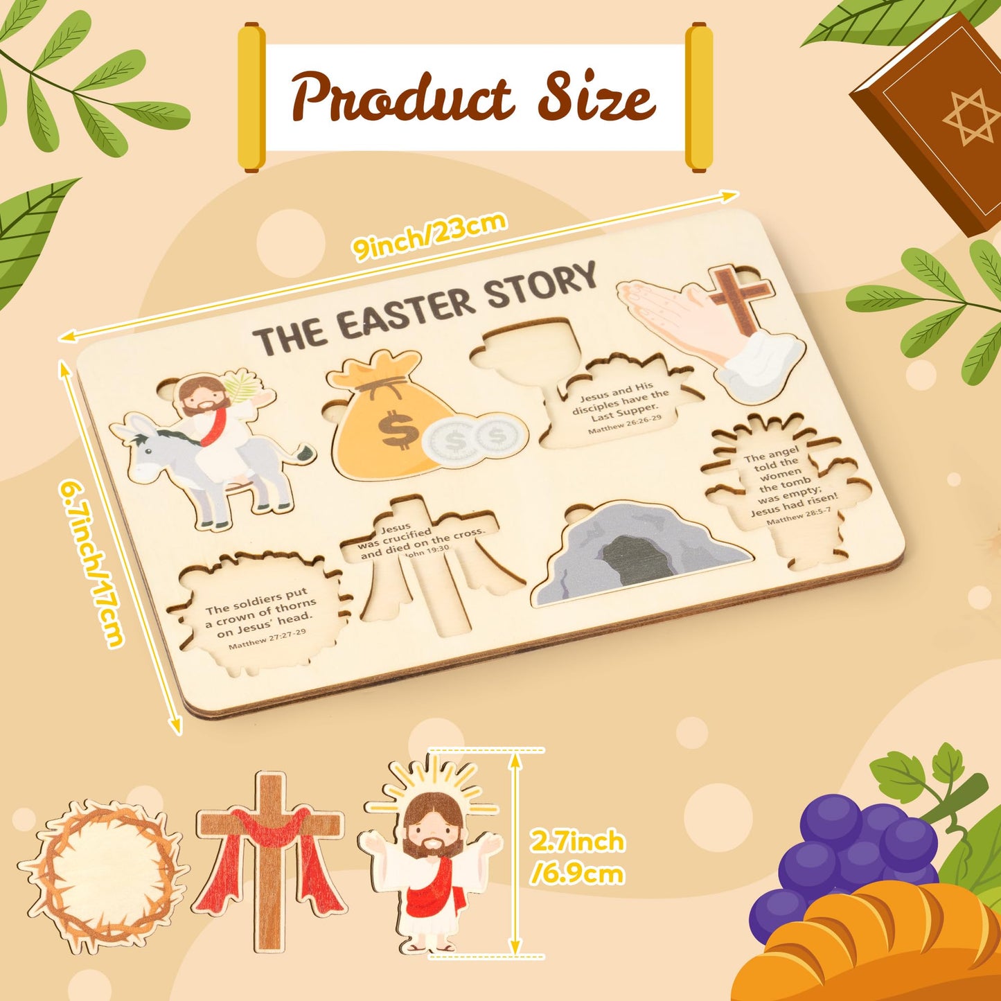 COcnny Easter Story Wooden Puzzle - 8pcs Jesus Resurrection Story Special Shaped 2D Wood Jigsaw Puzzle Set, Religious Gift for Sunday School Classroom Game Supplies Home Easter Basket Fillers