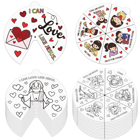 COcnny Valentine’s Day Christian Coloring Craft for Kids - 24 Sets Color Your Own Valentines Religious Art Cards, DIY Sweet Jesus Bible Wheel Paper for Church Sunday School Classroom Class Activities