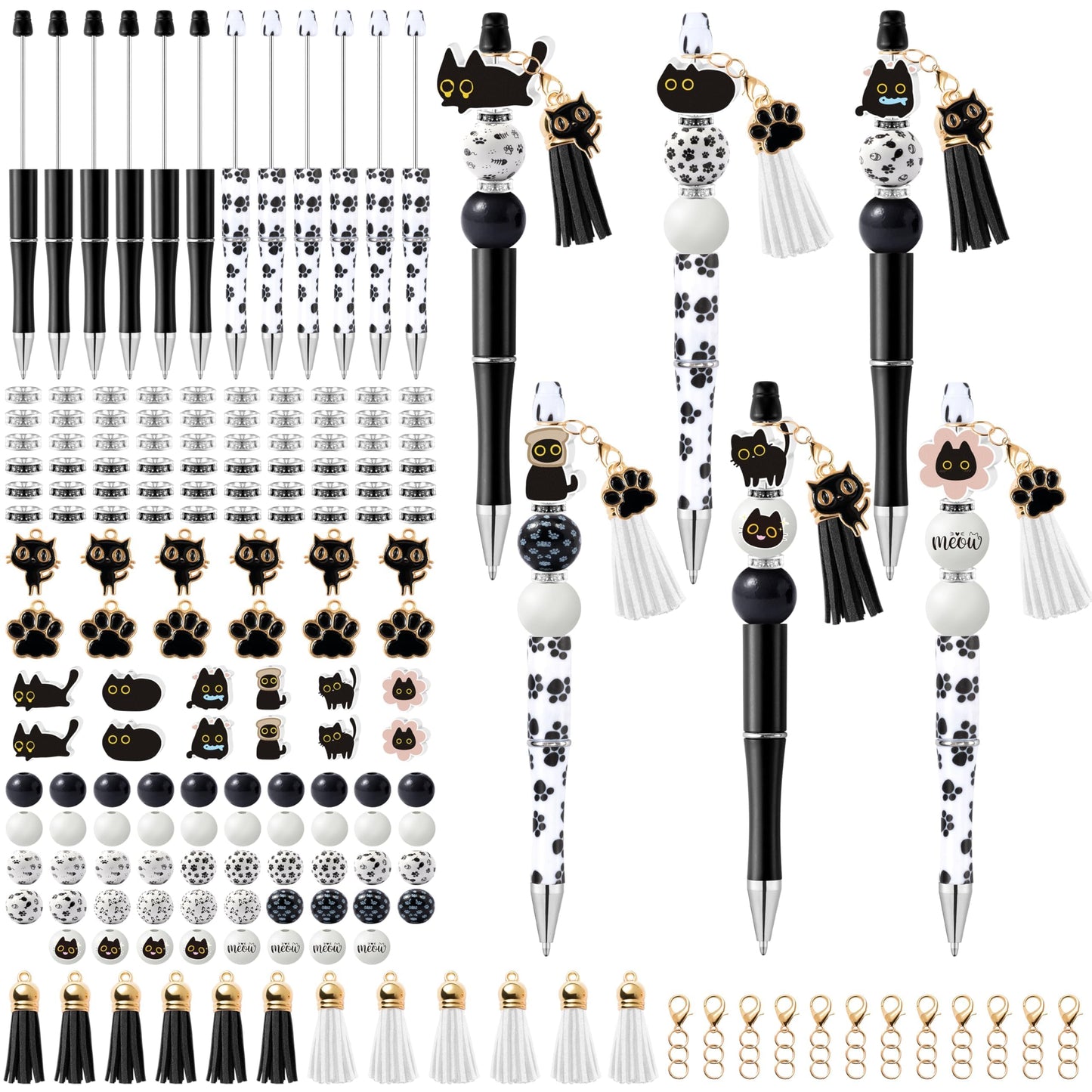 COcnny Pet Paw Beadable Pens- 12 Set Black Cat DIY Ballpoint Craft Making Kit with Bead Craft, Cute Cat Beaded Pen Bulk Charm Tassel Supplies for Pet Animal Party School Students Gift