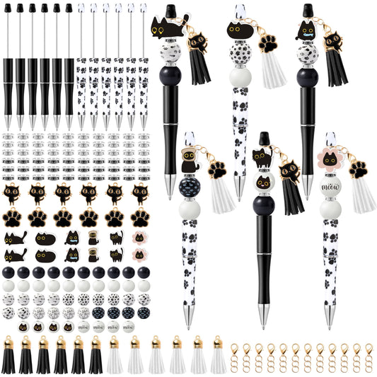 COcnny Pet Paw Beadable Pens- 12 Set Black Cat DIY Ballpoint Craft Making Kit with Bead Craft, Cute Cat Beaded Pen Bulk Charm Tassel Supplies for Pet Animal Party School Students Gift