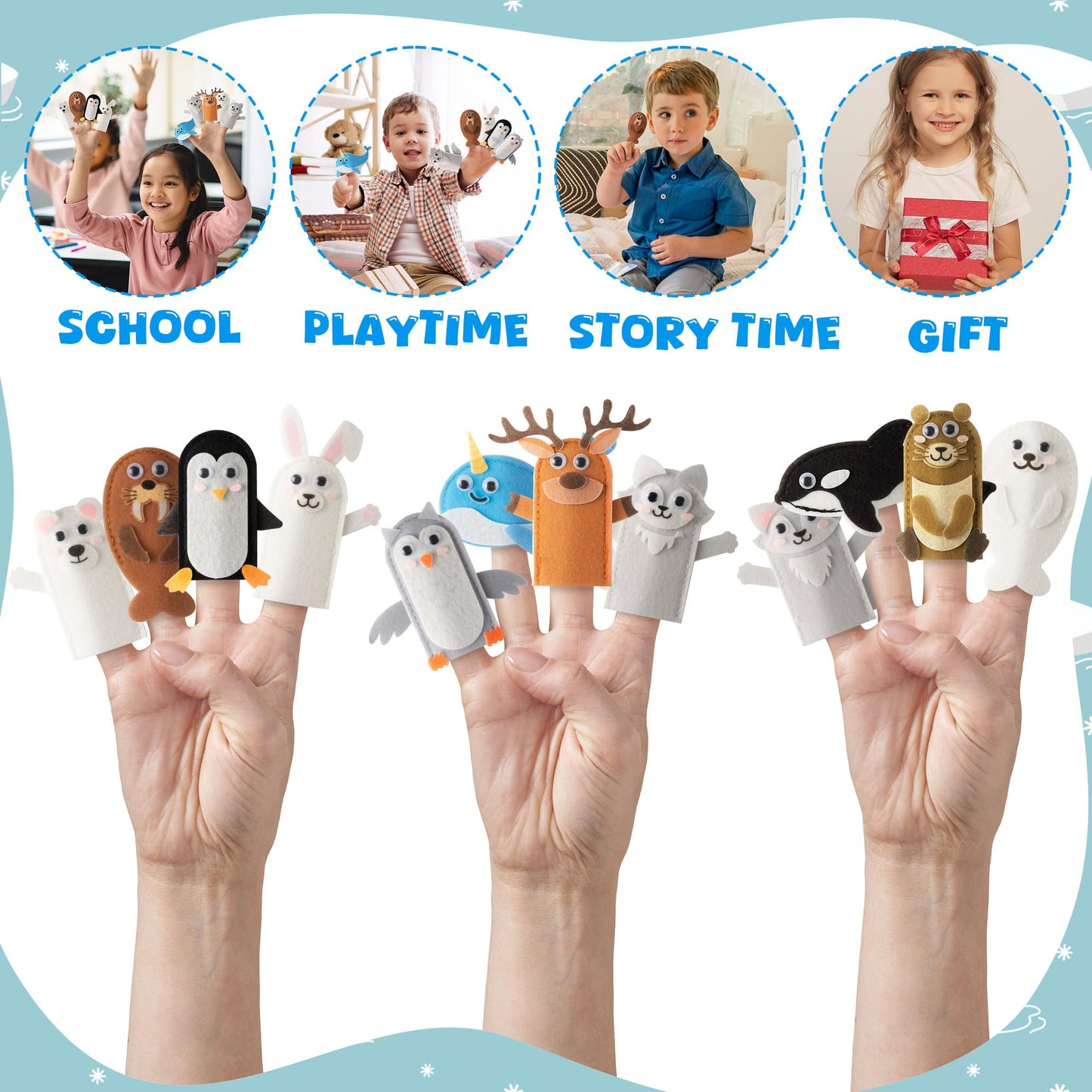 COcnny Polar Animal Finger Puppets - 24pcs DIY Winter Felt Hand Puppet Making Kit for Kids, Make Your Own Art Story Telling Toy, Arctic Antarctic Animals Role Play for Boy Girl Toddles School Birthday