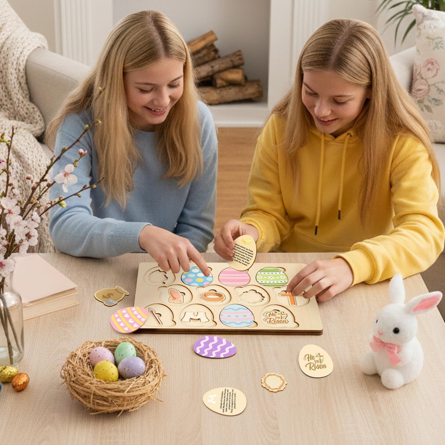 COcnny Easter Story Wooden Puzzle - 12pcs Wood Eggs 2D Jigsaw Puzzle Set, Religious Jesus Story Christian Gift for Sunday School Classroom Game Supplies Home Easter Basket Fillers