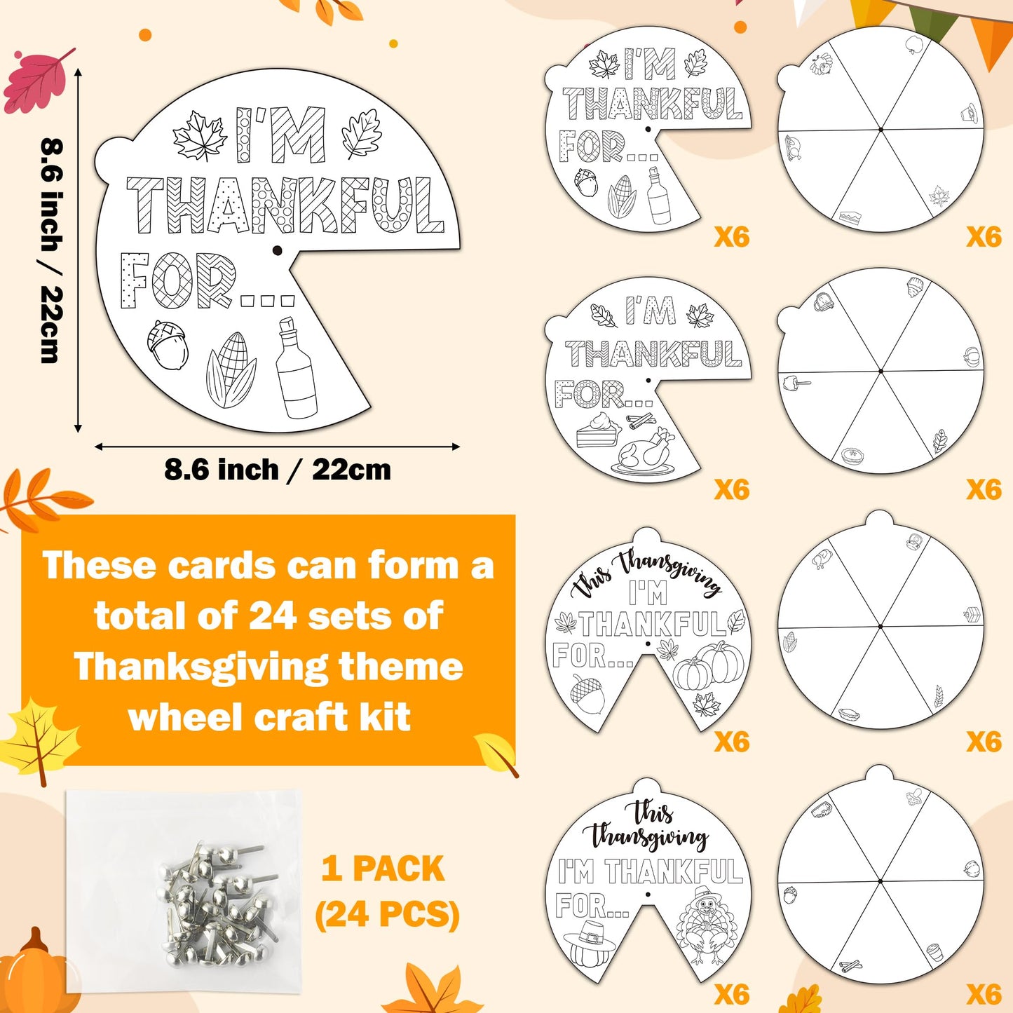 COcnny Fall Thanksgiving Coloring Craft- 24 Sets Color Your Own Thankful Art Craft DIY Wheel Cards, Autumn Turkey Pumpkin Blank Paper Art for Sunday School Home Class Activities