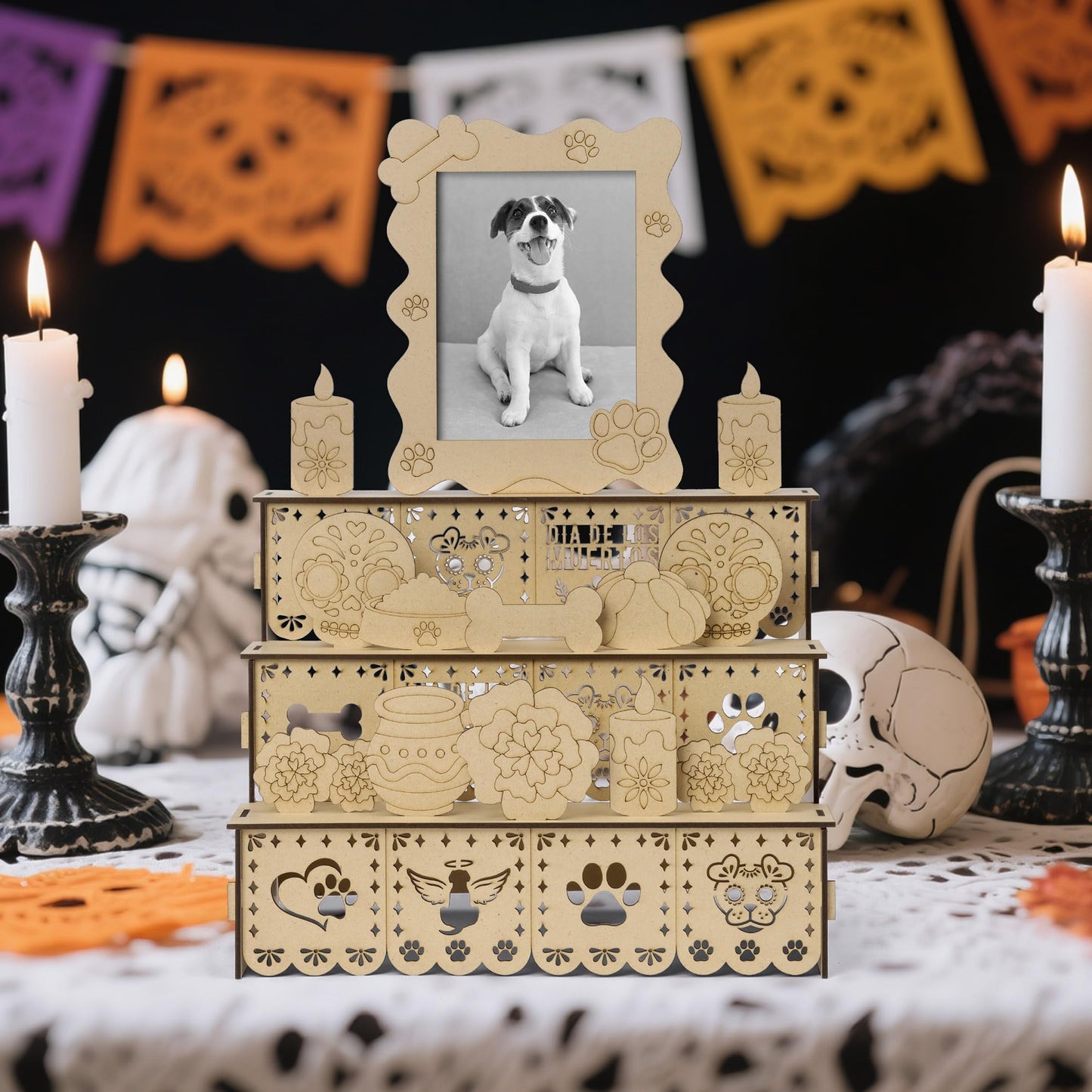 COcnny Day of the Dead Altar Ofrenda - Wooden Shadow Box Photo Frame Set for Dia De Los Muertos Altar Memorial Decorations, Skull Candle Tabletop Ofrenda Display Decor for Pet Dog Remembrance (1 Set)