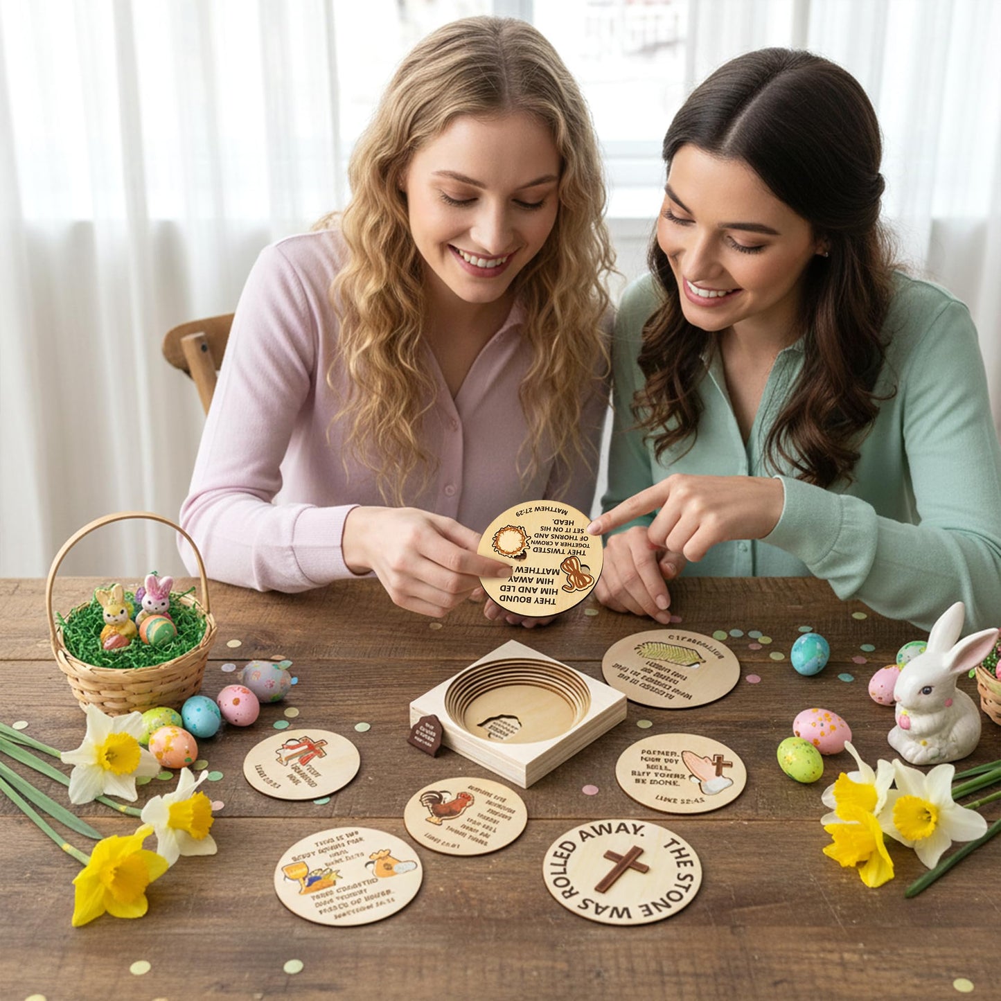COcnny Easter Story Wooden Puzzle - 8pcs Jesus Story Wood Jigsaw Puzzle Box with Matching Bible, Religious Christian Gift for Sunday School Classroom Game Home Easter Basket Fillers Church Supplies