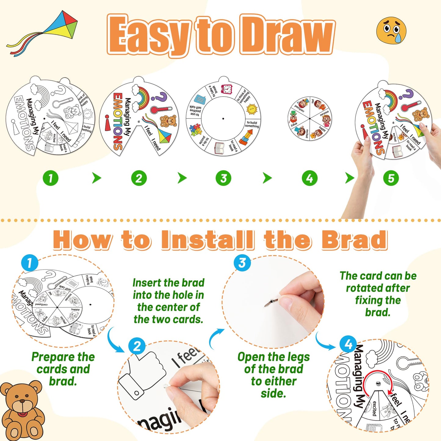 COcnny Managing Emotions Coloring Craft- 24 Sets Color Your Own Social Emotional Art Craft DIY Wheel Cards, Express Feeling Learning Paper Craft Art for Sunday School Home Class Activities
