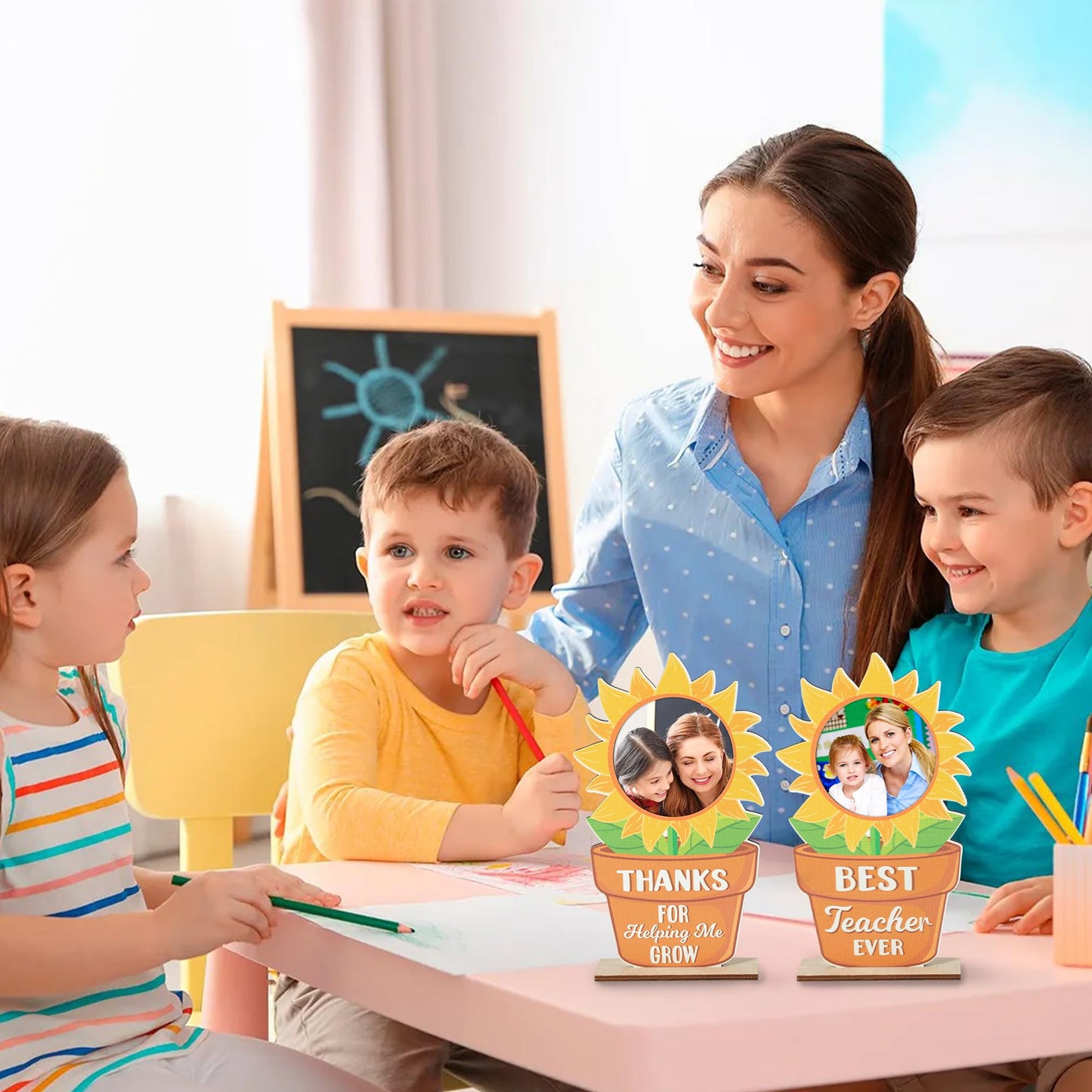 COcnny Teacher Appreciation Picture Frame - 2pcs Thank You Gifts for Helping Me Grow, End of Year Teacher Photo Frame Table Decor, Sunflower Wood Tiered Tray Signs Centerpiece Decoration for Women Men