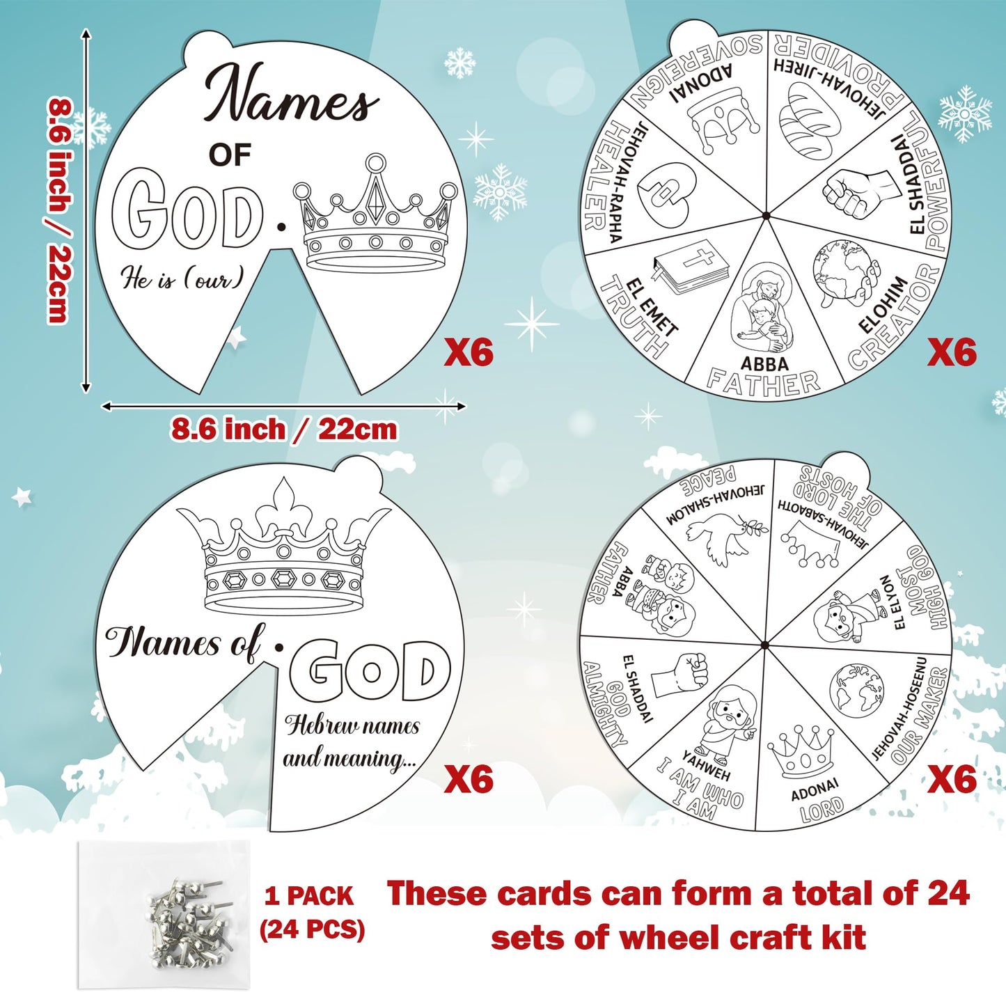 COcnny Religious Christian Craft for Kids - 24 Sets Color Your Own God’s Name Art Craft Cards, DIY Coloring God Wheel Paper Kit for Church Sunday School Home Class Bible VBS Activities