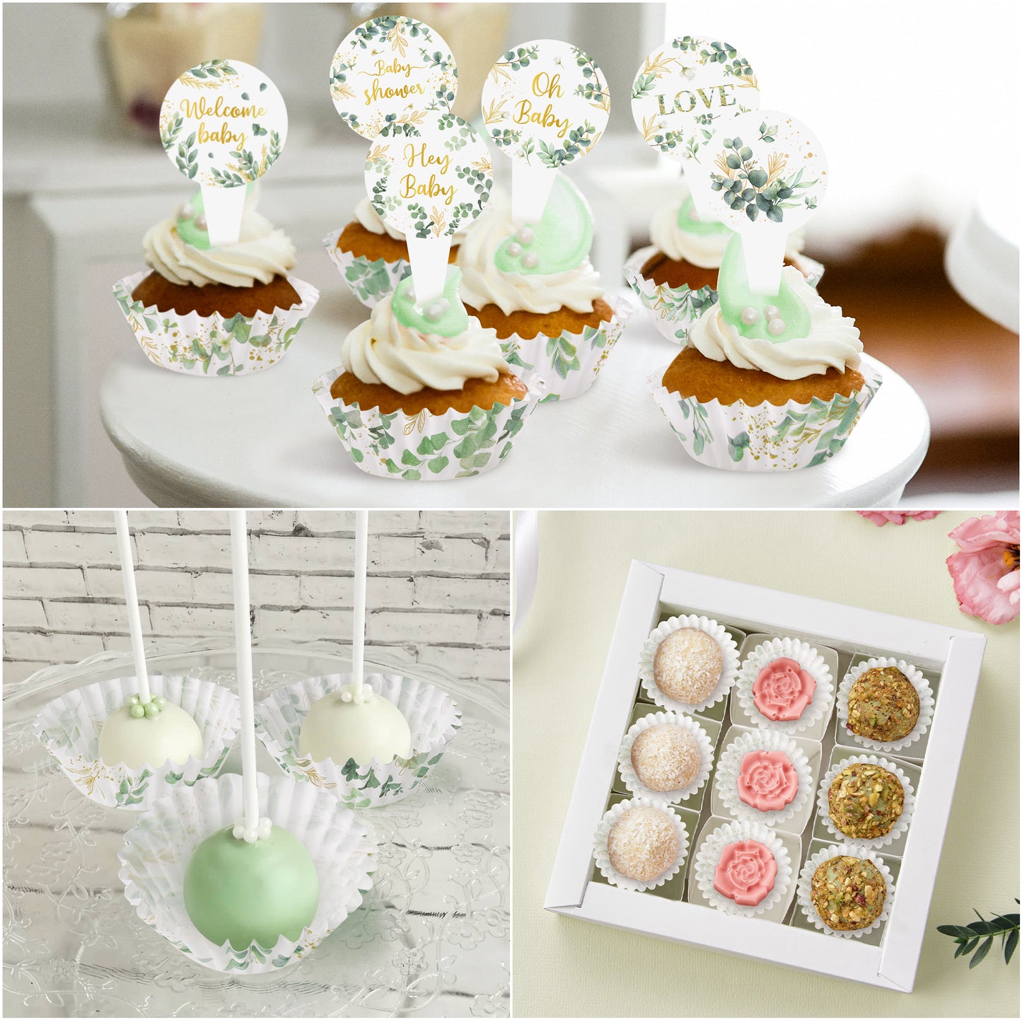 COcnny Mini Cupcake Paper Liner - 300pcs Greenery Baby Shower Cake Baking Cups, Green Leaf Themed Cupcake Wrappers with Cupcake Toppers, Muffin Chocolate Candy Wrap Making Supplies (6 Styles)