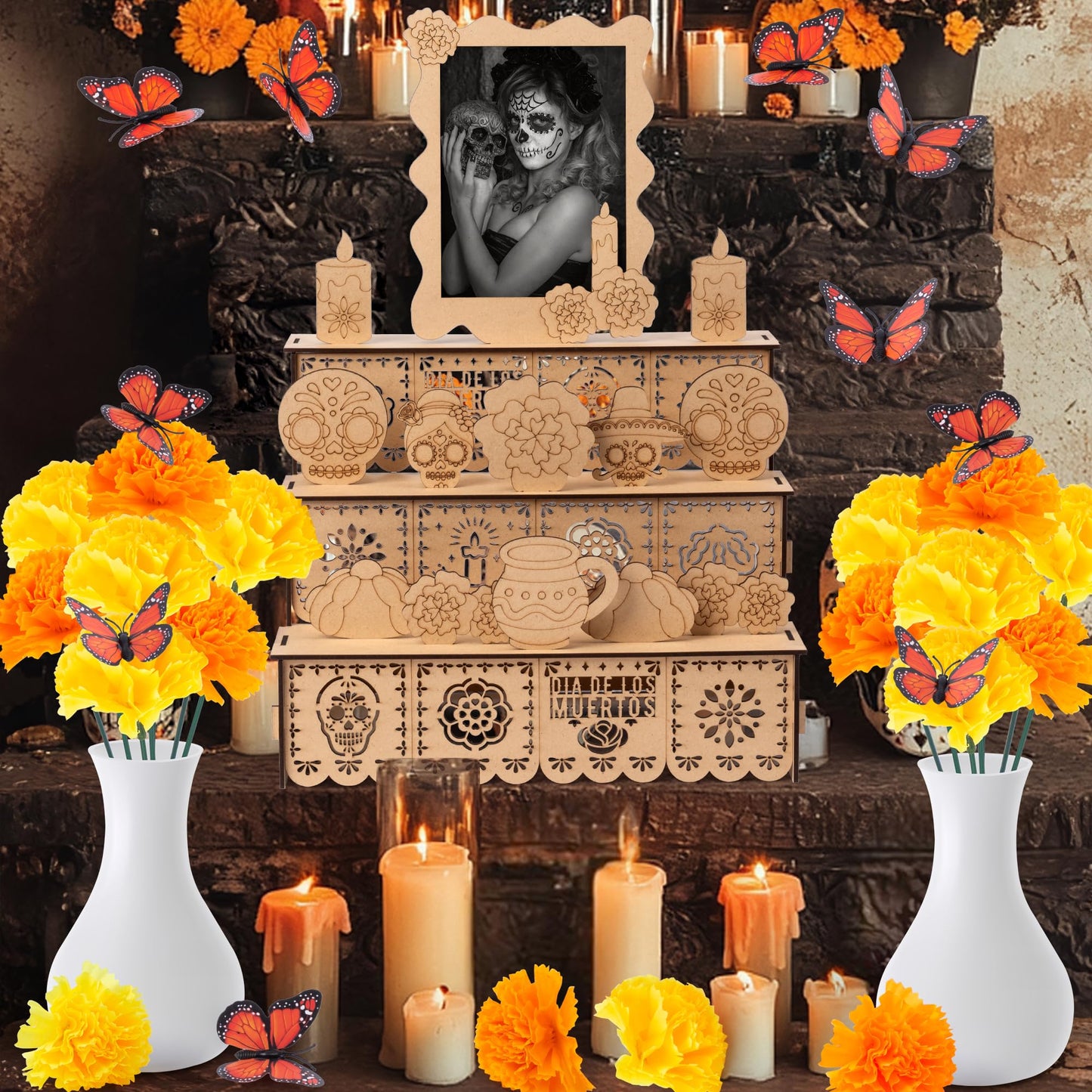 COcnny Day of The Dead Altar Ofrenda - 37pcs Wooden Shadow Box Photo Frame Set for Dia De Los Muertos Altar Memorial Decorations, Marigold Flower Butterfly Tabletop Ofrenda Decor for Remembrance