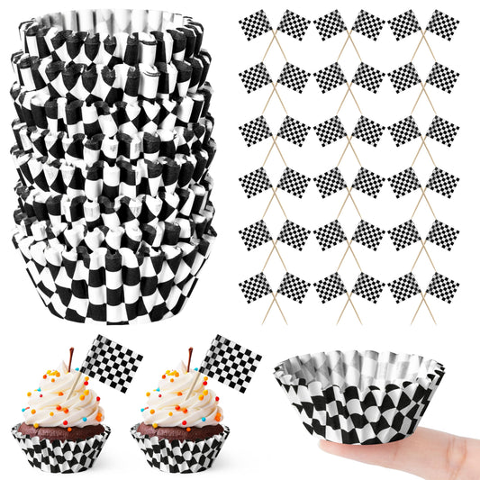 COcnny Checkered Mini Cupcake Liner - 200pcs Race Car Muffin Cake Baking Cups with 200pcs Flag Cupcake Toppers, Black and White Racing Cars Candy Wrap Making Supplies for Birthday Party Decorations