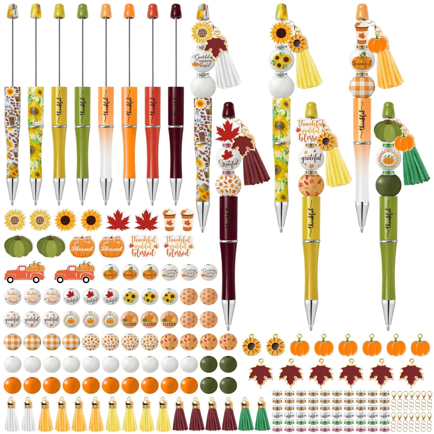 COcnny Fall Religious Beadable Pens - 14 Set Autumn DIY Ballpoint Pen Making Kit with Bead Craft, Thanksgiving Beaded Pen Bulk Charm Tassel Supplies for Party Women School Students Gift