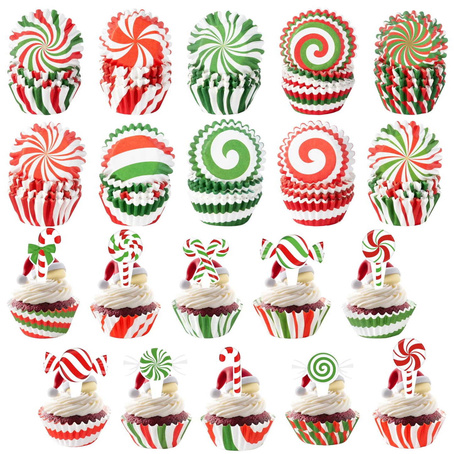 COcnny Christmas Mini Cupcake Liners - 300pcs Candy Small Muffin Cake Baking Cups with 300pcs Cupcake Toppers, Colorful Candies Cake Chocolate Wrap Making Supplies for Xmas Eve Birthday (10 Styles)