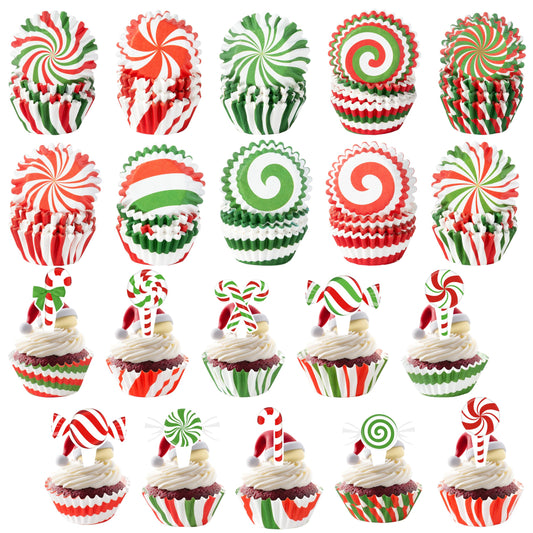 COcnny Christmas Mini Cupcake Liners - 300pcs Candy Small Muffin Cake Baking Cups with 300pcs Cupcake Toppers, Colorful Candies Cake Chocolate Wrap Making Supplies for Xmas Eve Birthday (10 Styles)