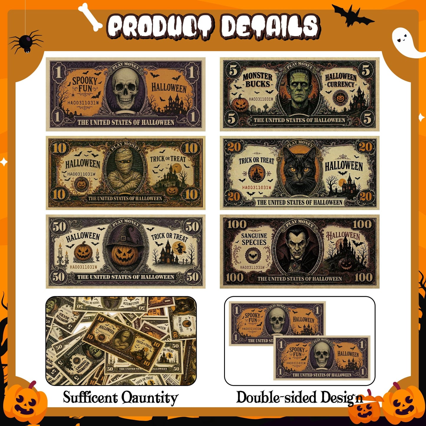 COcnny Halloween Play Bucks for Game - 600pcs Spooky Paper Money for Party