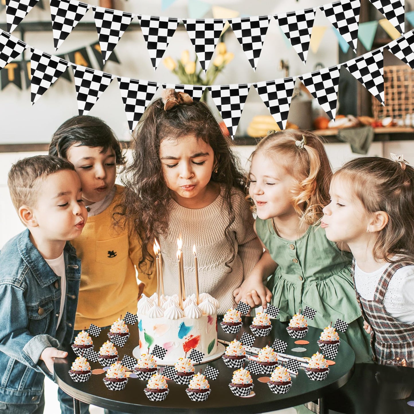 COcnny Checkered Mini Cupcake Liner - 200pcs Race Car Muffin Cake Baking Cups with 200pcs Flag Cupcake Toppers, Black and White Racing Cars Candy Wrap Making Supplies for Birthday Party Decorations
