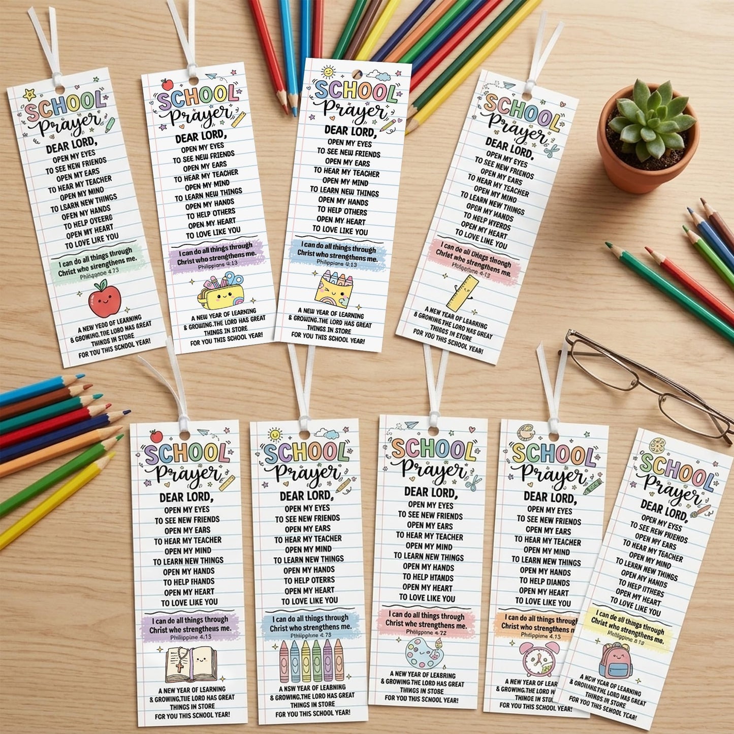 COcnny Back to School Prayer Bookmarks - 120pcs Religious Bookmark Bulk for First Day of School Gift, Inspiration Book Mark with Ribbon for Sunday School Classroom Celebration Event Church Supplies