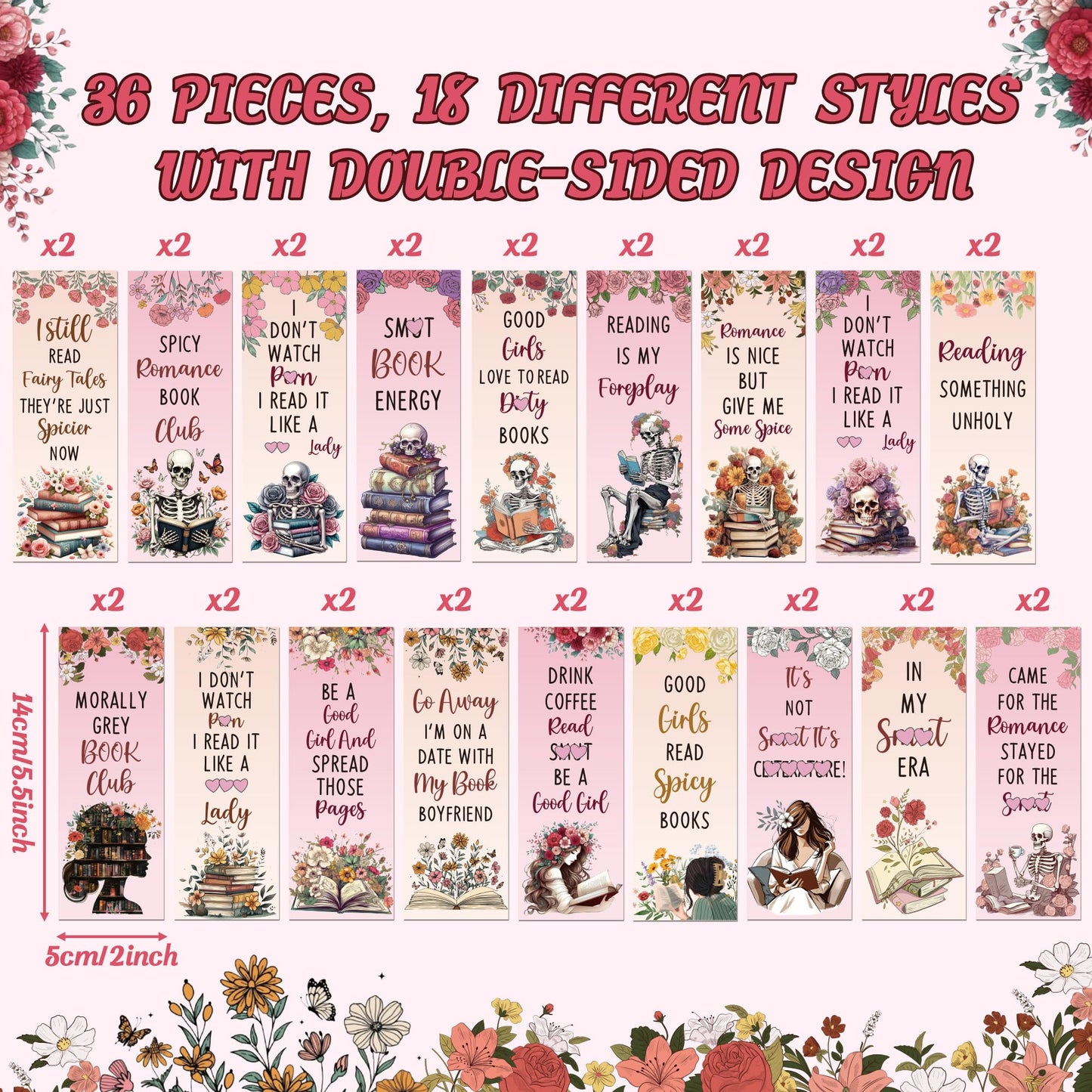 COcnny Dark Romance Bookmarks for Women- 36pcs Romance Book Marks for Book Lover, Funny Spicy Fairy Tale Double Sided Bookmark with Skeleton Floral Sign for Spicier Reading Bookish Gift Supplies