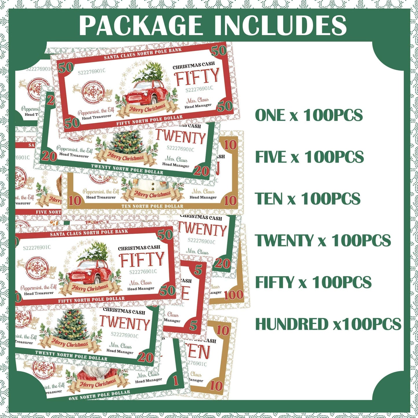 COcnny Christmas Play Bucks for Game - 600pcs North Pole Paper Money for Pretend Play Cashier, Santa Claus Winter Theme Fake Bucks for Refill Packs School Educational Home Reward Prop Supplies