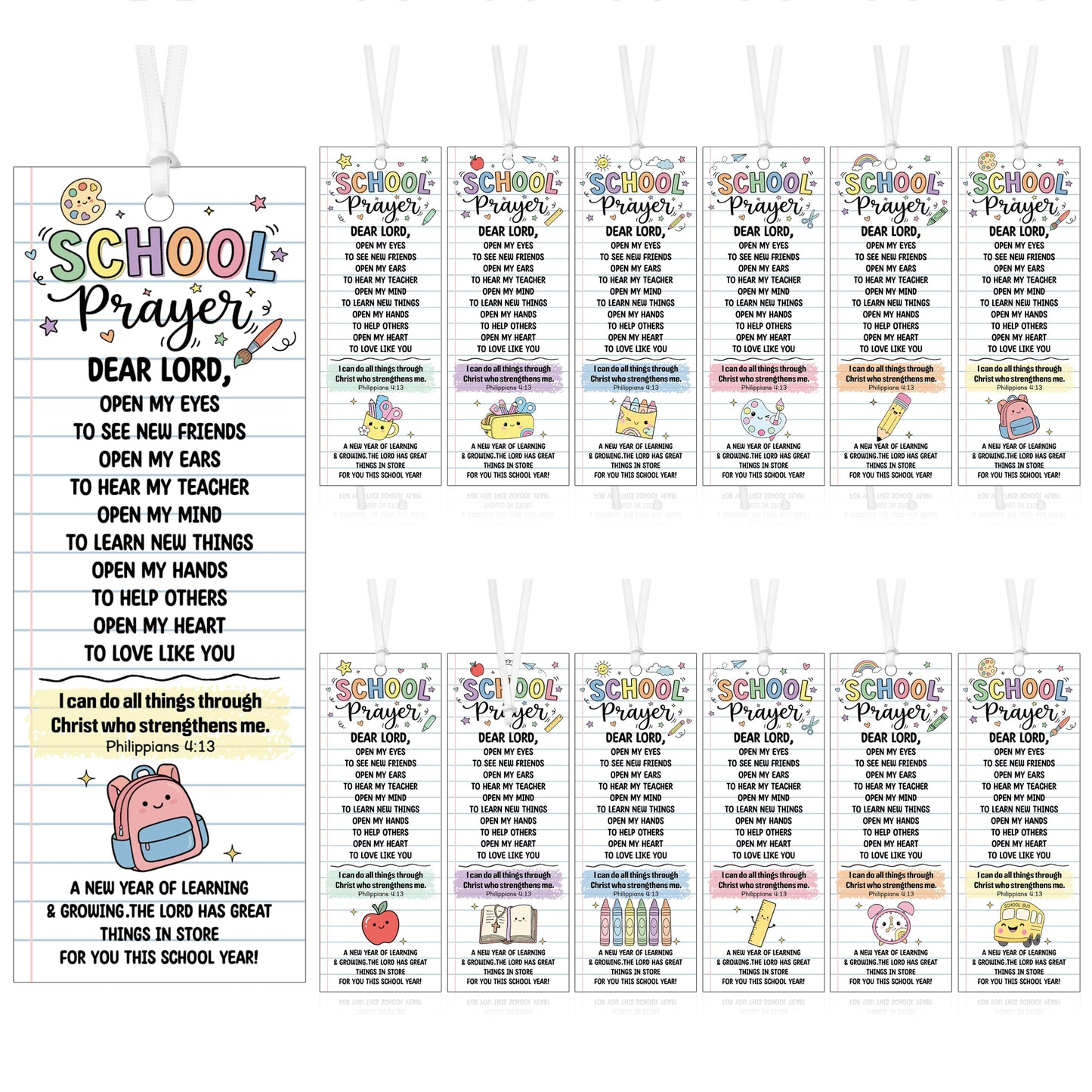 COcnny Back to School Prayer Bookmarks - 120pcs Religious Bookmark Bulk for First Day of School Gift, Inspiration Book Mark with Ribbon for Sunday School Classroom Celebration Event Church Supplies