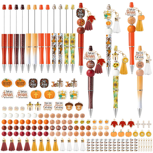 COcnny Fall Religious Beadable Pens - 12 Set Autumn DIY Ballpoint Pen Making Kit with Bead Craft, Fall for Jesus Beaded Pen Bulk Charm Tassel Supplies for Party Women School Students Gift