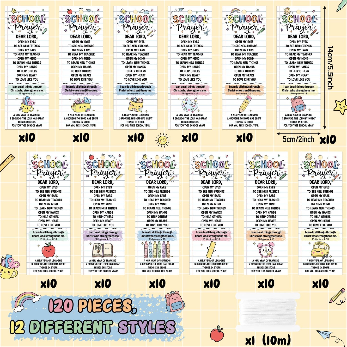 COcnny Back to School Prayer Bookmarks - 120pcs Religious Bookmark Bulk for First Day of School Gift, Inspiration Book Mark with Ribbon for Sunday School Classroom Celebration Event Church Supplies