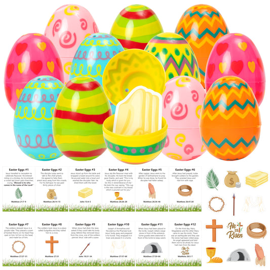 COcnny Easter Story Religious Eggs - 12 Set Easter Eggs with Matching Holy Week Cards and Religious Paper for Basket Stuffer, Christian Gift for Sunday School Hunt Activities