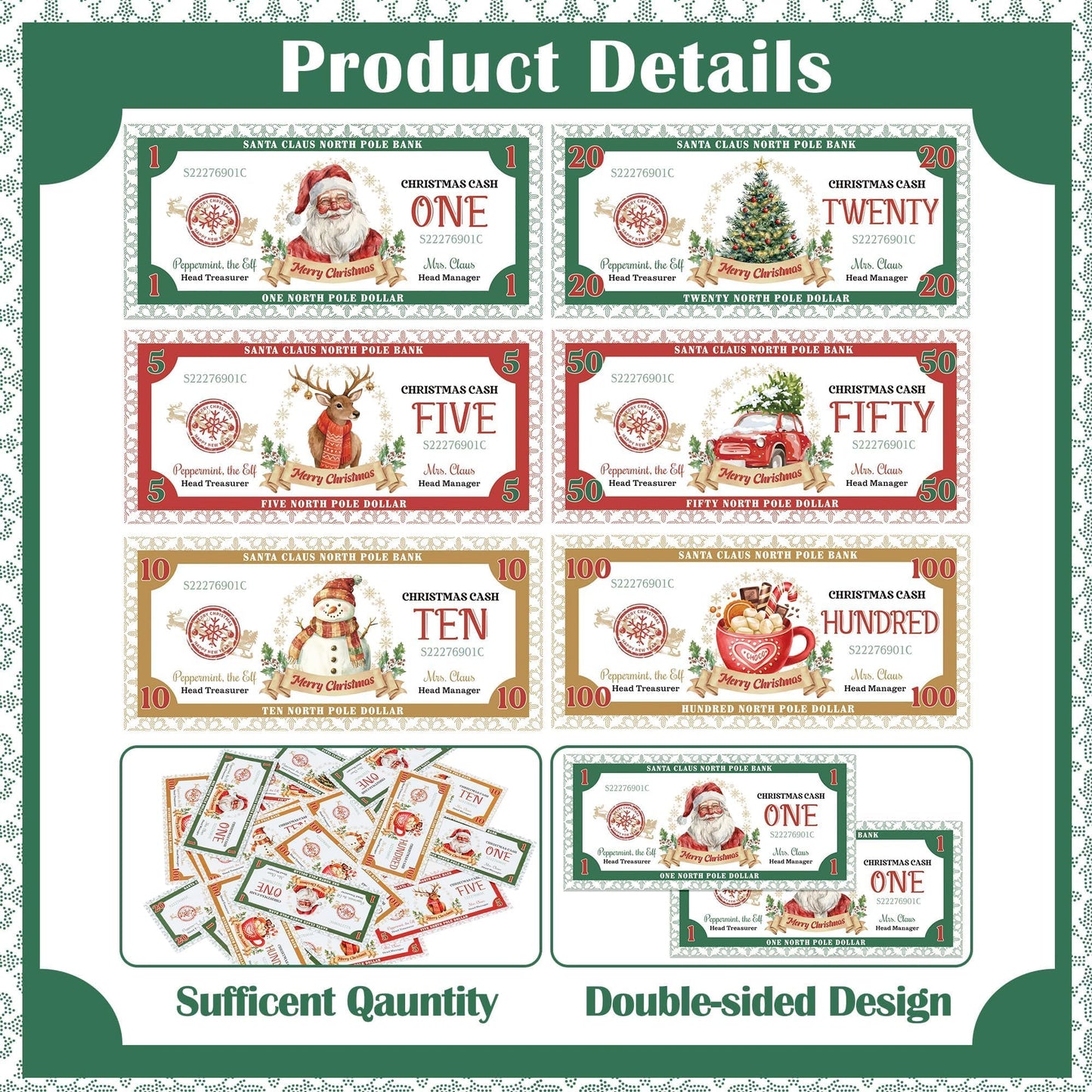 COcnny Christmas Play Bucks for Game - 600pcs North Pole Paper Money for Pretend Play Cashier, Santa Claus Winter Theme Fake Bucks for Refill Packs School Educational Home Reward Prop Supplies