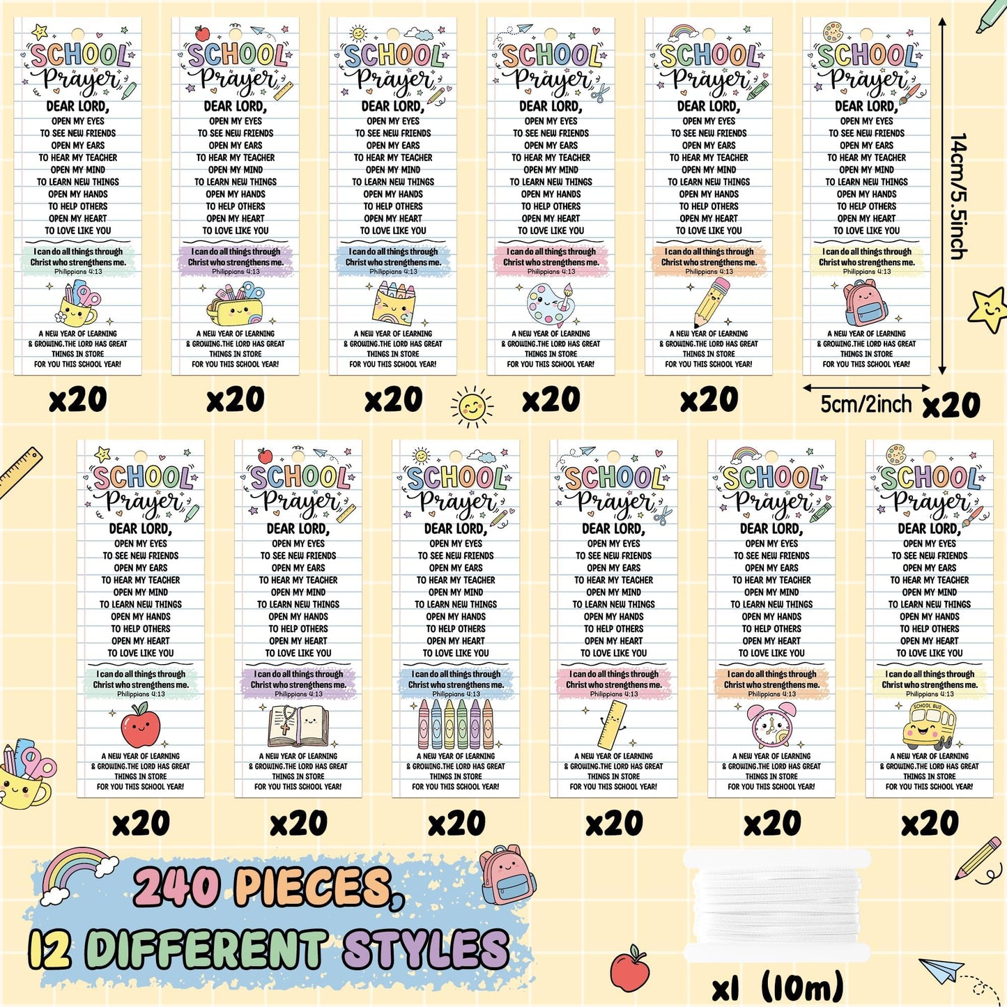 COcnny Back to School Prayer Bookmarks - 240pcs Religious Bookmark Bulk for First Day of School Gift, Inspiration Book Mark with Ribbon for Sunday School Classroom Celebration Event Church Supplies
