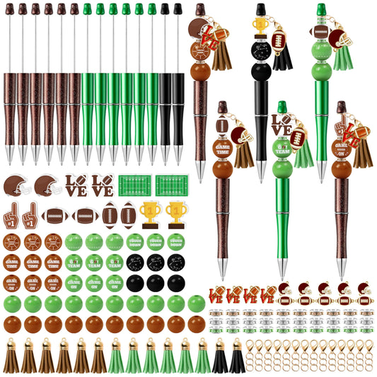 COcnny Football Beadable Pens Set - 14 Set Autumn Rugby DIY Ballpoint Pen Making Kit with Bead Craft, Sport Party Beaded Bulk Charm Tassel Supplies for Women School Students Office Gift