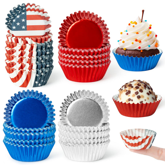 COcnny America Mini Cupcake Liners - 600pcs 4th of July Foil Baking Cups Muffin Paper Cupcakes Wrappers for Patriotic Holiday Party, Independence Day Candy Chocolate Wrap Making Supplies (4 Styles)