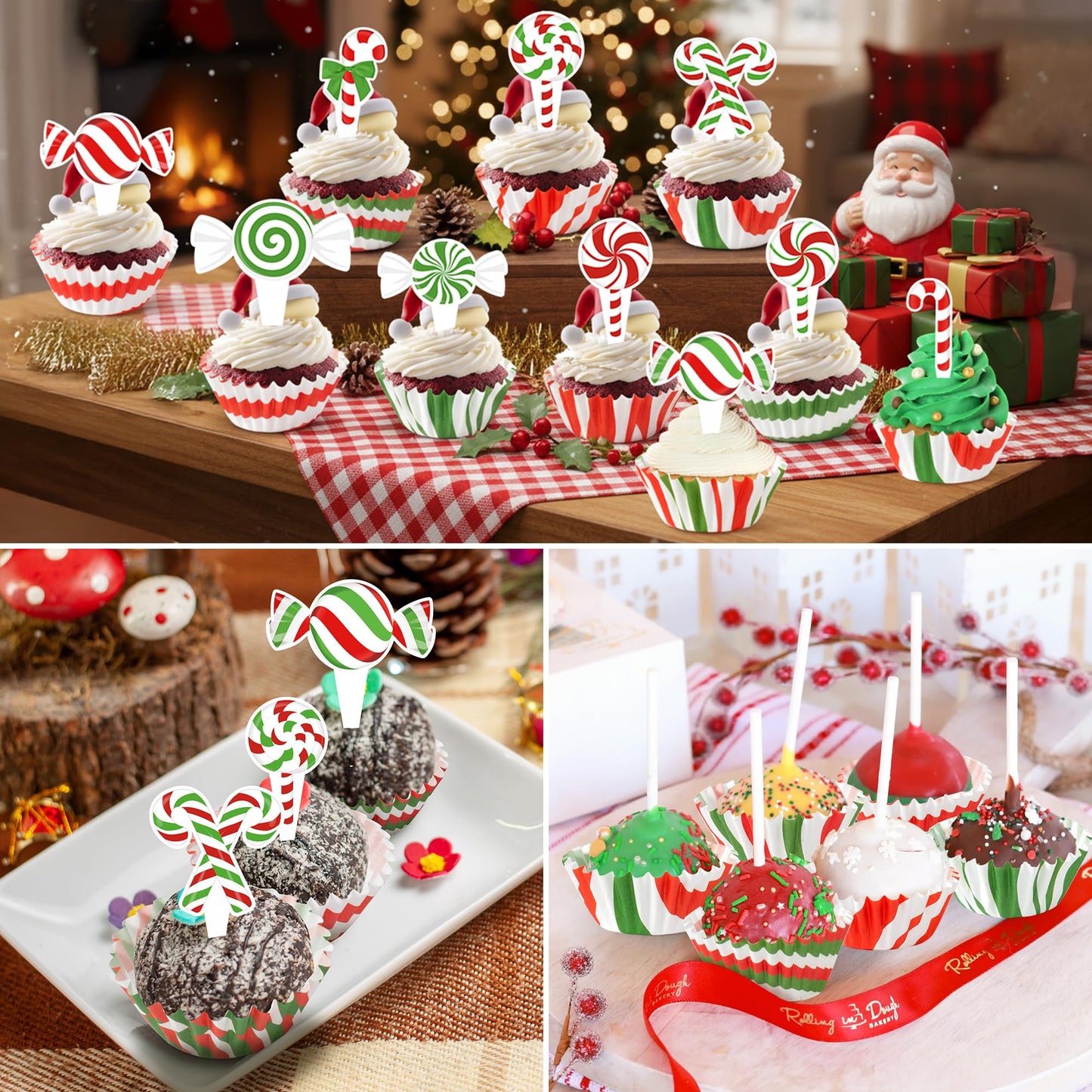 COcnny Christmas Mini Cupcake Liners - 300pcs Candy Small Muffin Cake Baking Cups with 300pcs Cupcake Toppers, Colorful Candies Cake Chocolate Wrap Making Supplies for Xmas Eve Birthday (10 Styles)
