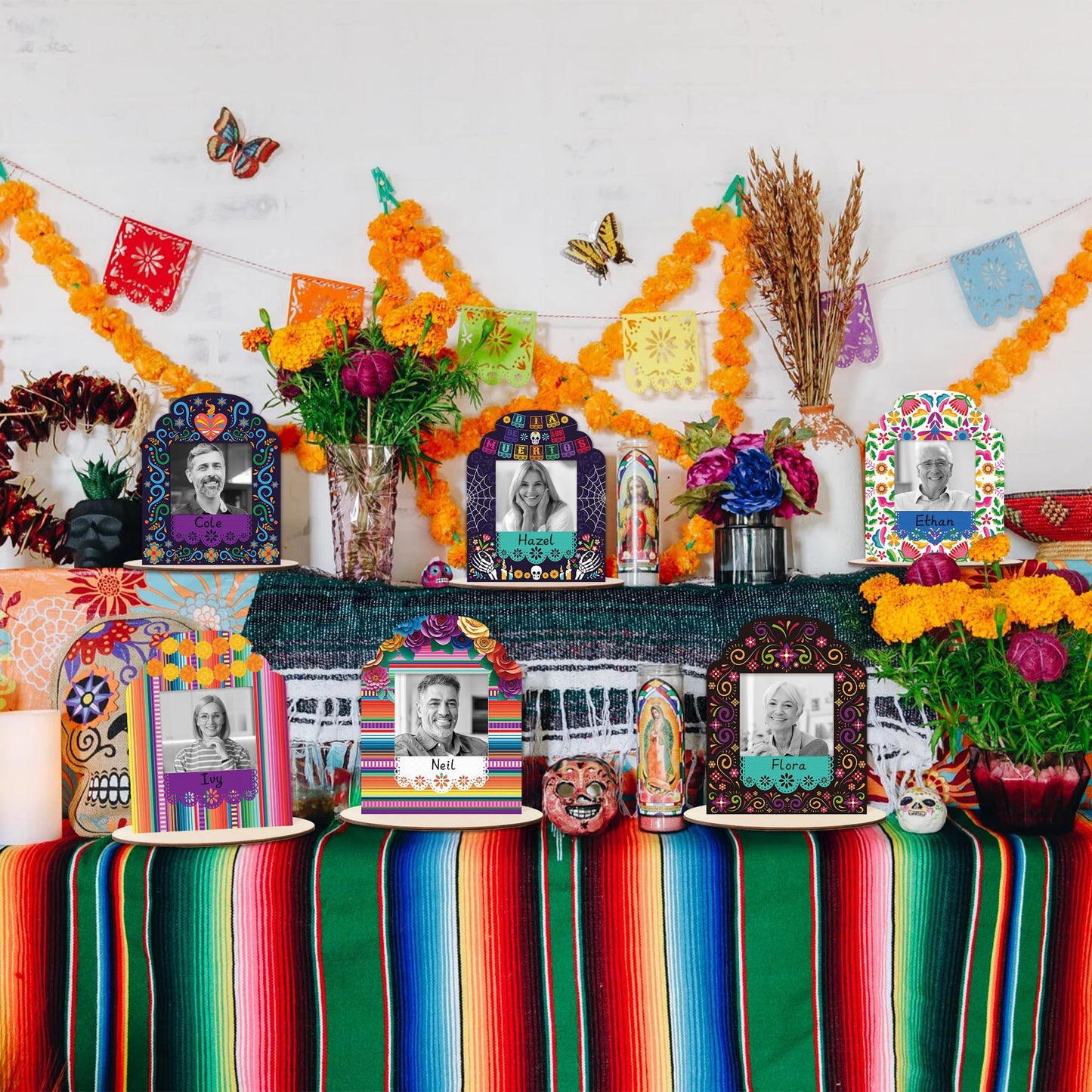 COcnny Day of the Dead Picture Frames - 12 Set Wooden Photo Frame for Dia De Los Muertos Altar Decorations, Mexican Fiesta Skull Tabletop Ofrenda Display Decor for Halloween Remembrance 2.8" x 3.1"