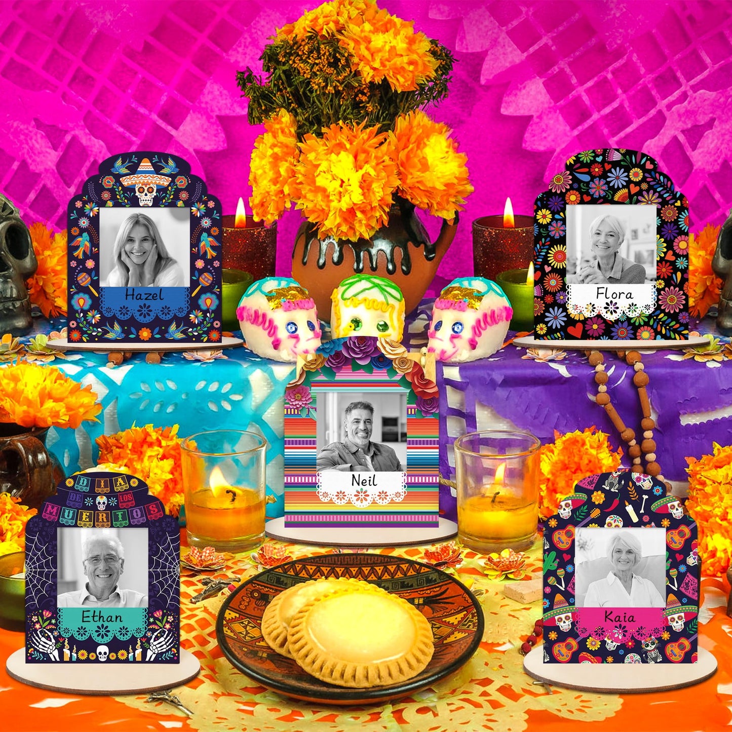 COcnny Day of the Dead Picture Frames - 12 Set Wooden Photo Frame for Dia De Los Muertos Altar Decorations, Mexican Fiesta Skull Tabletop Ofrenda Display Decor for Halloween Remembrance 2.8" x 3.1"