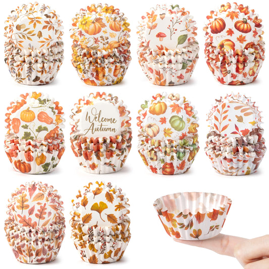 COcnny Fall Mini Cupcake Liners - 600pcs Autumn Watercolor Muffin Paper Cupcakes Baking Cups Wrappers, Pumpkin Maple Leaf Case Cake Wrap Making Supplies for Fall Thanksgiving Party (10 Styles)