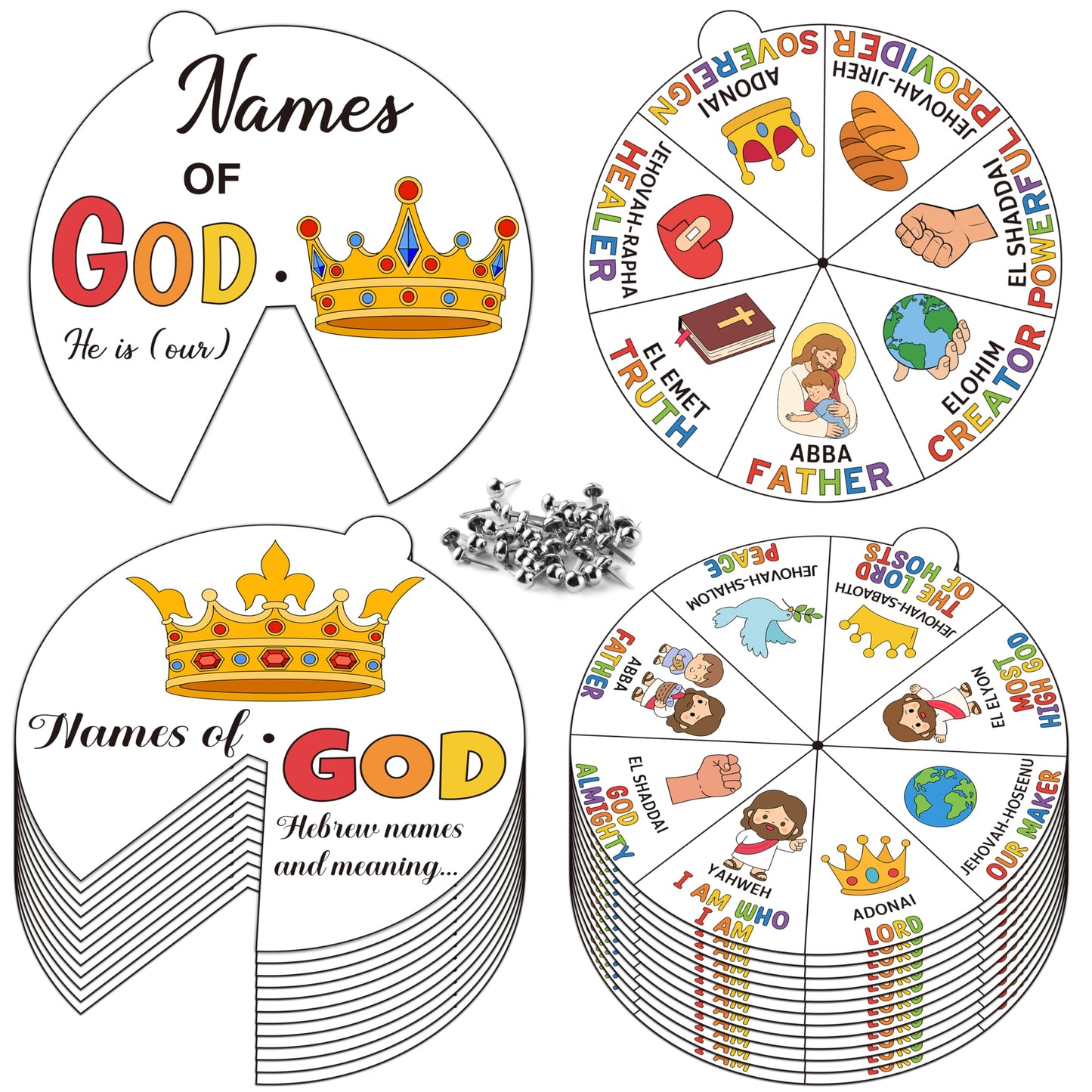 COcnny Religious Christian Craft for Kids - 24 Sets Color Your Own God’s Name Art Craft Cards, DIY Coloring God Wheel Paper Kit for Church Sunday School Home Class Bible VBS Activities