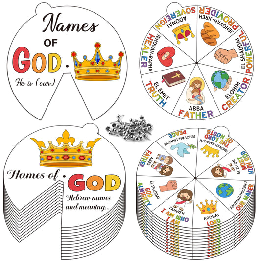 COcnny Religious Christian Craft for Kids - 24 Sets Color Your Own God’s Name Art Craft Cards, DIY Coloring God Wheel Paper Kit for Church Sunday School Home Class Bible VBS Activities