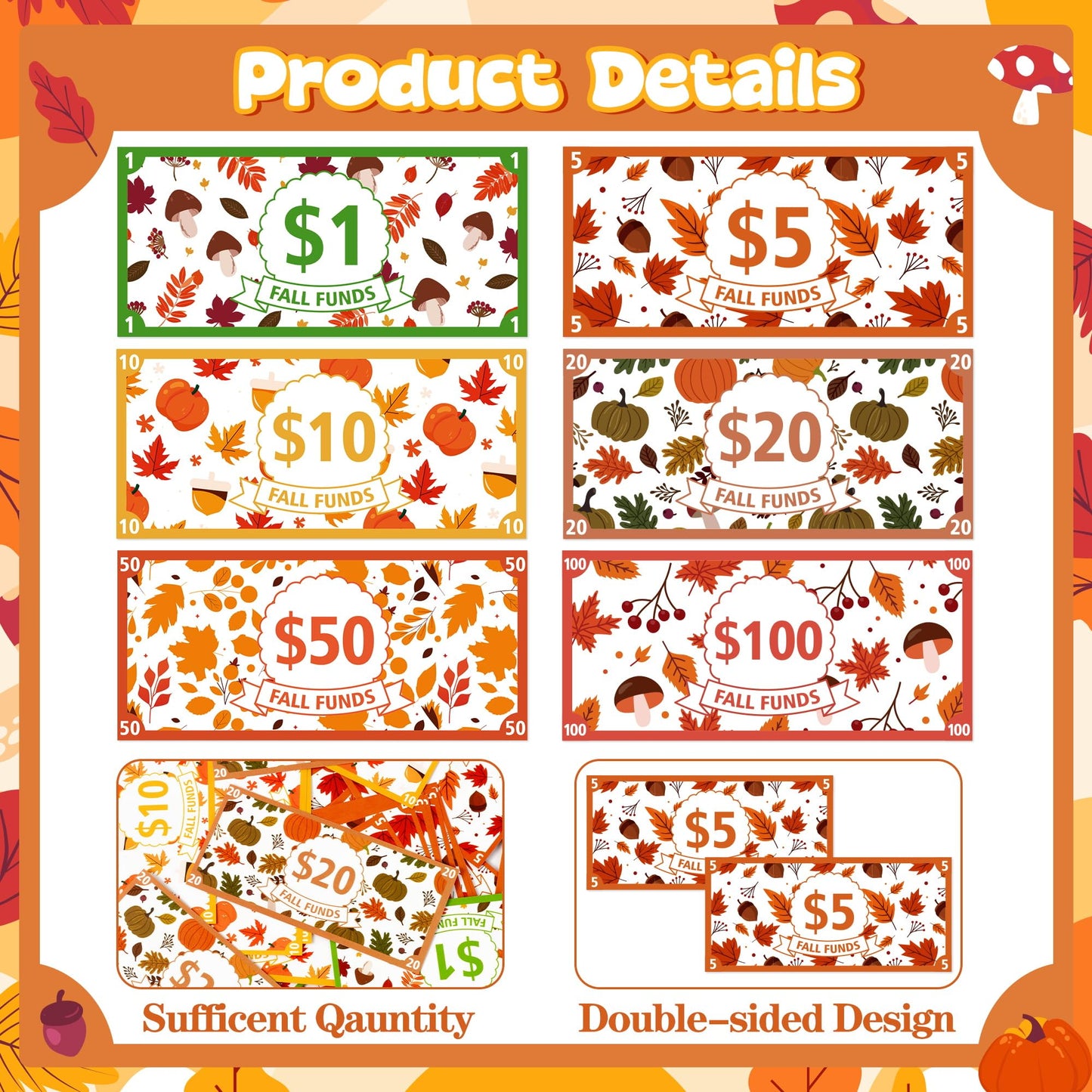COcnny Fall Play Bucks for Game - 600pcs Maple Leaf Paper Money for Party