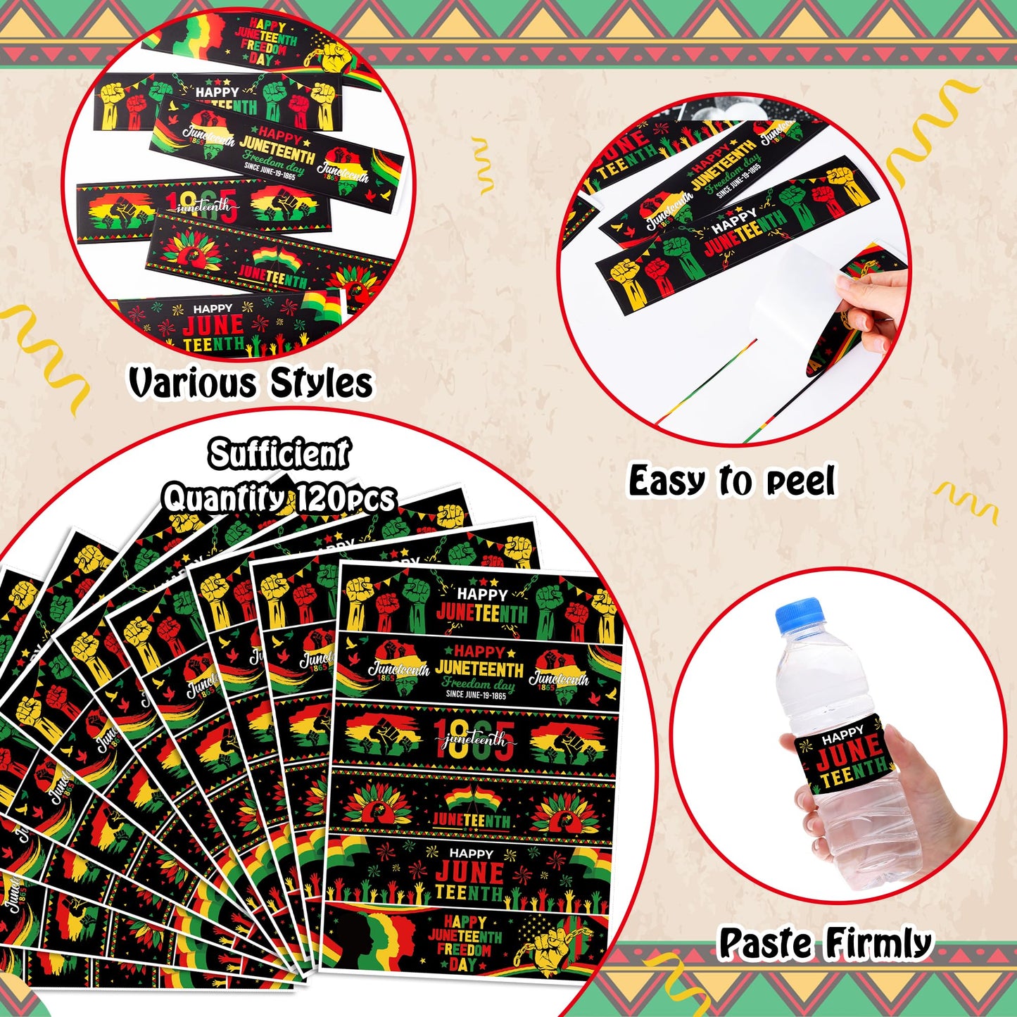 COcnny Juneteenth Water Bottle Label - 120pcs Happy Juneteenth Party Decorations Stickers Africa American Supplies, June 19th 1865 Bottle Wrappers Sticker Decor for Freedom Day Patriotic Celebration