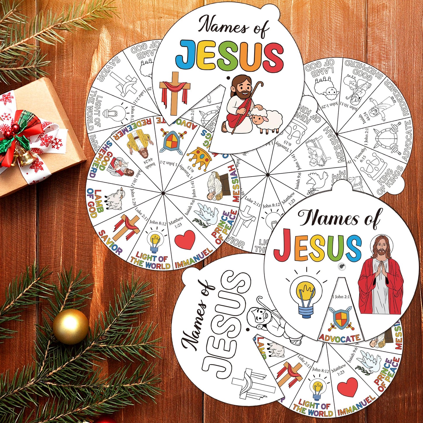 COcnny Jesus Religious Coloring Craft - 24 Sets Color Your Own Christian Art Craft Wheel Cards, DIY Names of Jesus Coloring Paper Kit for Sunday School Home Class Bible VBS Activities
