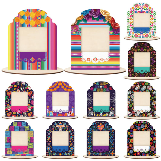 COcnny Day of the Dead Picture Frames - 12 Set Wooden Photo Frame for Dia De Los Muertos Altar Decorations, Mexican Fiesta Skull Tabletop Ofrenda Display Decor for Halloween Remembrance 2.8" x 3.1"