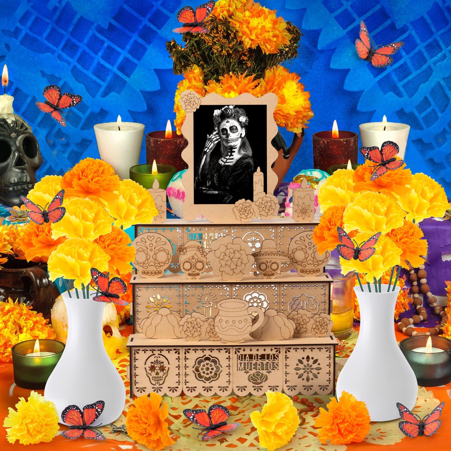 COcnny Day of The Dead Altar Ofrenda - 37pcs Wooden Shadow Box Photo Frame Set for Dia De Los Muertos Altar Memorial Decorations, Marigold Flower Butterfly Tabletop Ofrenda Decor for Remembrance
